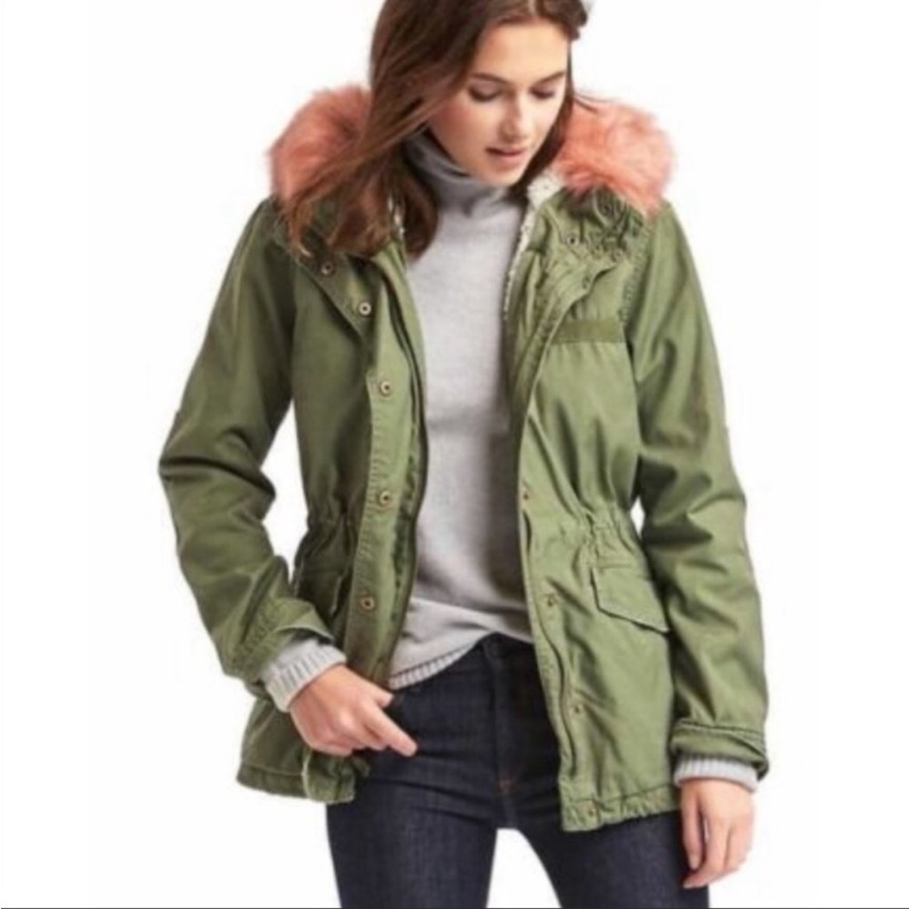 Gap 2-in-1 Sherpa Lined Faux Fur Trim Hood Cargo Parka Coat Jacket